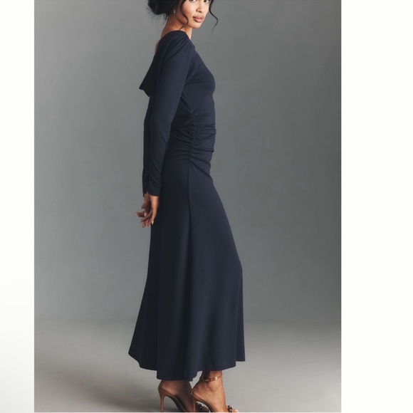 Nwt anthro Elegant long sleeve cowl back navy maxi Dress - Picture 3 of 5